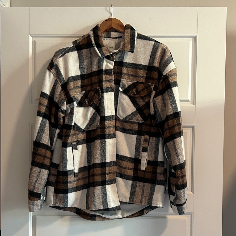 Thread & Supply Women's Plaid Shacket - Black, White, and Brown